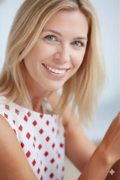 Frau mit halblangen, blonden Haaren mit neuem Zahnersatz lächelt in die Kamera